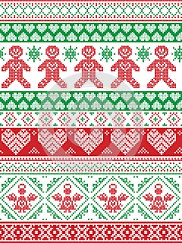 Christmas seamless pattern in cross stitch with Gingerbread man, snowflake, decoration elements, angel, hearts and ornaments