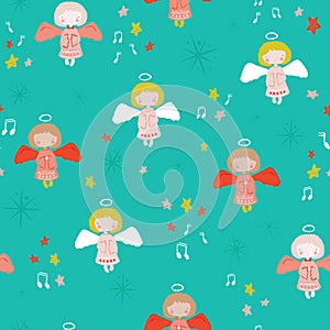 Christmas seamless pattern with cute angels singing in the sky/ clouds