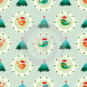 Christmas seamless pattern with cute birds