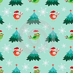 Christmas seamless pattern with cute birds