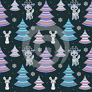 Christmas seamless pattern with cute deer and bunny