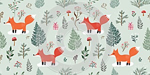 Christmas seamless pattern with cute foxes in the forest, winter festive design for paper gift