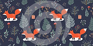 Christmas seamless pattern with cute foxes in the forest, winter festive design for paper gift