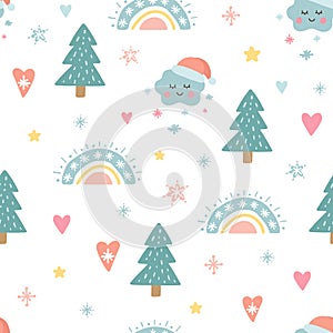 Christmas seamless pattern with cute funny characters. Unique decoration with rainbow, christmas tree, clouds