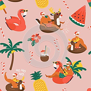 Christmas seamless pattern with cute funny Santa Claus animals with reindeer and flamingo inflatable ring. Tropical