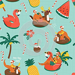 Christmas seamless pattern with cute funny Santa Claus animals with reindeer and flamingo inflatable ring. Tropical