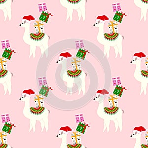 Christmas seamless pattern with cute llamas