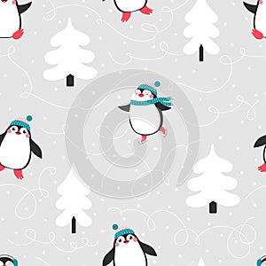 Christmas seamless pattern with cute penguins.