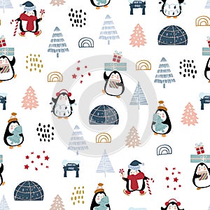 Christmas seamless pattern with cute penguins celebrating christmas in north pole village.