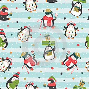 Christmas seamless pattern with cute penguins on line stripe background with colorful stars.