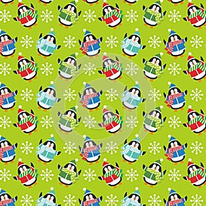 Christmas seamless pattern with cute penguins and snowflakes
