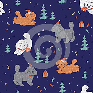 Christmas seamless pattern with cute poodles and Christmas trees. Vector graphics