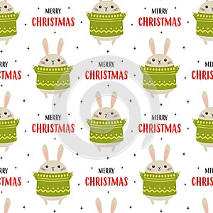 Christmas seamless pattern with cute rabbit, vector illustration