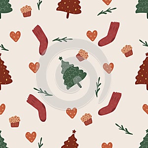 Christmas Seamless Pattern. Cute Seamless Pattern For Fabric Design. Candle Light, Presents, Socks, star, love, Christmas eve