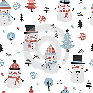 Christmas seamless pattern with cute snowmen.