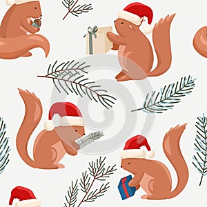 Christmas seamless pattern of cute squirrels in a Santa hats and winter plants