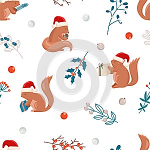 Christmas seamless pattern of cute squirrels in a Santa hats and winter plants