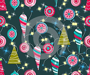 Christmas seamless pattern. Cute vector festive background woth vintage Christmas decorations, stilyzed Christmas tree,