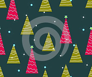 Christmas seamless pattern. Cute vector festive background woth vintage Christmas decorations, stilyzed Christmas tree,