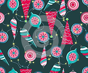 Christmas seamless pattern. Cute vector festive background woth vintage Christmas decorations, stilyzed Christmas tree,