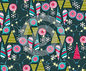 Christmas seamless pattern. Cute vector festive background woth vintage Christmas decorations, stilyzed Christmas tree,