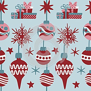 Christmas seamless pattern with decorative baubles, stars, snowflakes and gift boxes