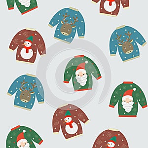 Christmas vector seamless pattern with different ugly sweaters. Christmas cartoon sweaters with cute Santa Claus, snowman and