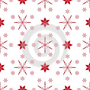Christmas seamless pattern with different snowflakes in red on a white background. Traditional winter ornament