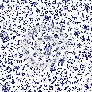 Christmas seamless pattern in doodle style. Vector  blue drawing on white background