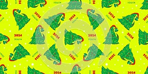 Christmas seamless pattern with dragons ha yellow background.Dragon symbol of 2024