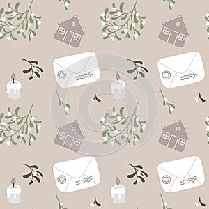 Christmas seamless pattern with envelope, omela, candle, cookies. Vector hand-drawn background in simple scandinavian