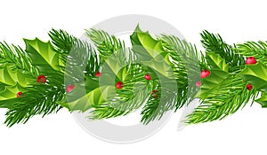 Christmas seamless pattern of fir branches, holly and red berries. Isolated on white background without shadow. Festive garland.