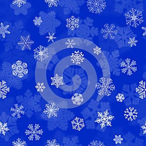 Christmas seamless pattern of fuzzy and focused snowflakes