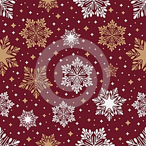 Christmas seamless pattern with geometric motifs. Snowflakes with different ornaments.