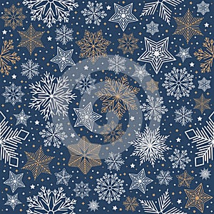 Christmas seamless pattern with geometric motifs. Snowflakes with different ornaments.