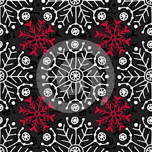 Christmas seamless pattern. Geometric texture with red and white snowflakes. Abstract endless background. Vector design for textil