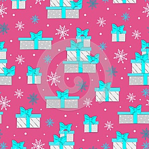 Christmas seamless pattern with gift boxes, colored gift boxes with lush bows