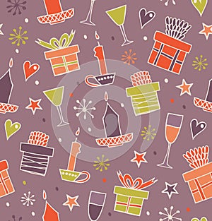 Christmas seamless pattern with gifts, candles, goblets. Endless decorative romantic background with boxes of presents. Hand drawn