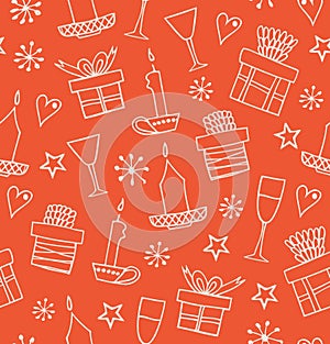 Christmas seamless pattern with gifts, candles, goblets. Endless doodle background with boxes of presents. Hand drawn decorative