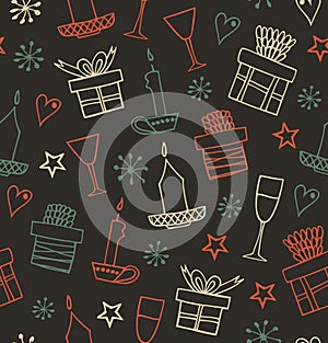 Christmas seamless pattern with gifts, candles, goblets. Endless ornate background with boxes of presents. Hand drawn beautiful ho