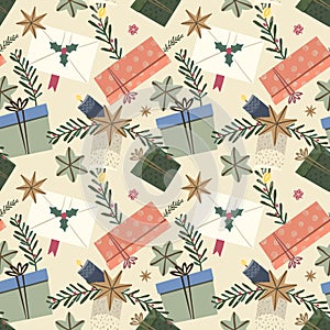 Christmas seamless pattern with gifts and envelopes