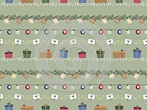 Christmas seamless pattern with gifts and holly