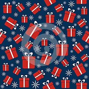 Christmas seamless pattern with gifts, snowflakes