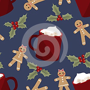 Christmas seamless pattern with gingerbread cookies, Holly berries and Red mug of hot chocolate with marshmallow.