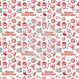 Christmas seamless pattern. Gingerbread cookies and snowflakes isolated on white. Cute cartoons. Raster