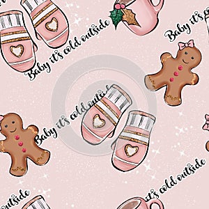 CHRISTMAS SEAMLESS PATTERN - GINGERBREAD MAN COOKIE , CUP, WINTER GLOVES BACKGROUND