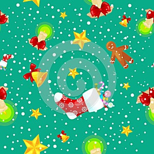 Christmas seamless pattern gingerbread man cookies, jingle bells stocking gifts, xmas background decoration elements