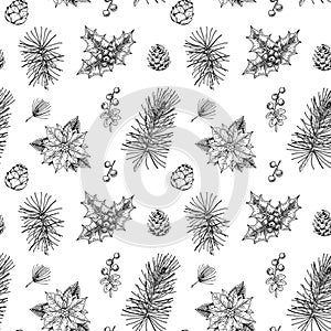 Christmas seamless pattern with hand drawn Christmas tree branches, cones and holly berries isolated on white background. Vector