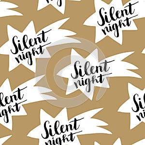 Christmas seamless pattern with hand drawn comet and handwritten Silent night text. Wrapping paper design. Vector illustration