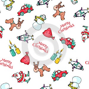 Christmas Seamless Pattern Hand Drawn Elements. Sketch ofdeer and santa.